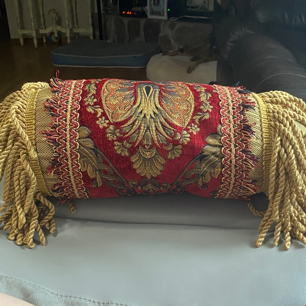 Croscill Red and Gold Embroidered Decorative Roll Pillow with Braided Trim